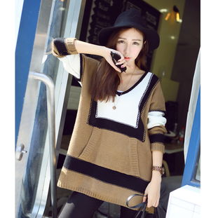 2014秋裝新款韓版心形領(lǐng)長(zhǎng)袖條紋毛衣 柚子美衣打造百搭時(shí)尚